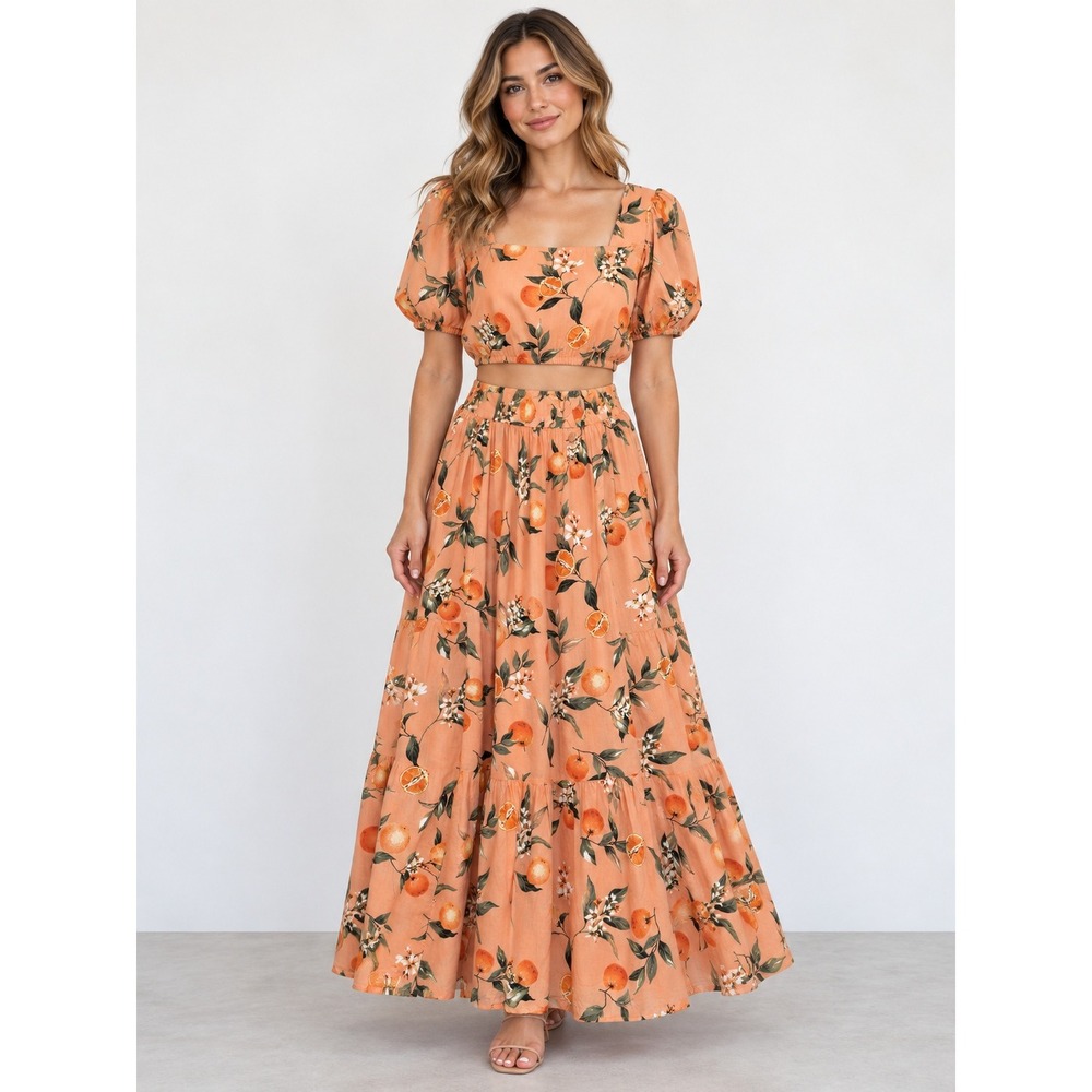LOFT 2 Piece Skirt Set L Orange Citrus Floral Puff Sleeve Crop Top Maxi Skirt